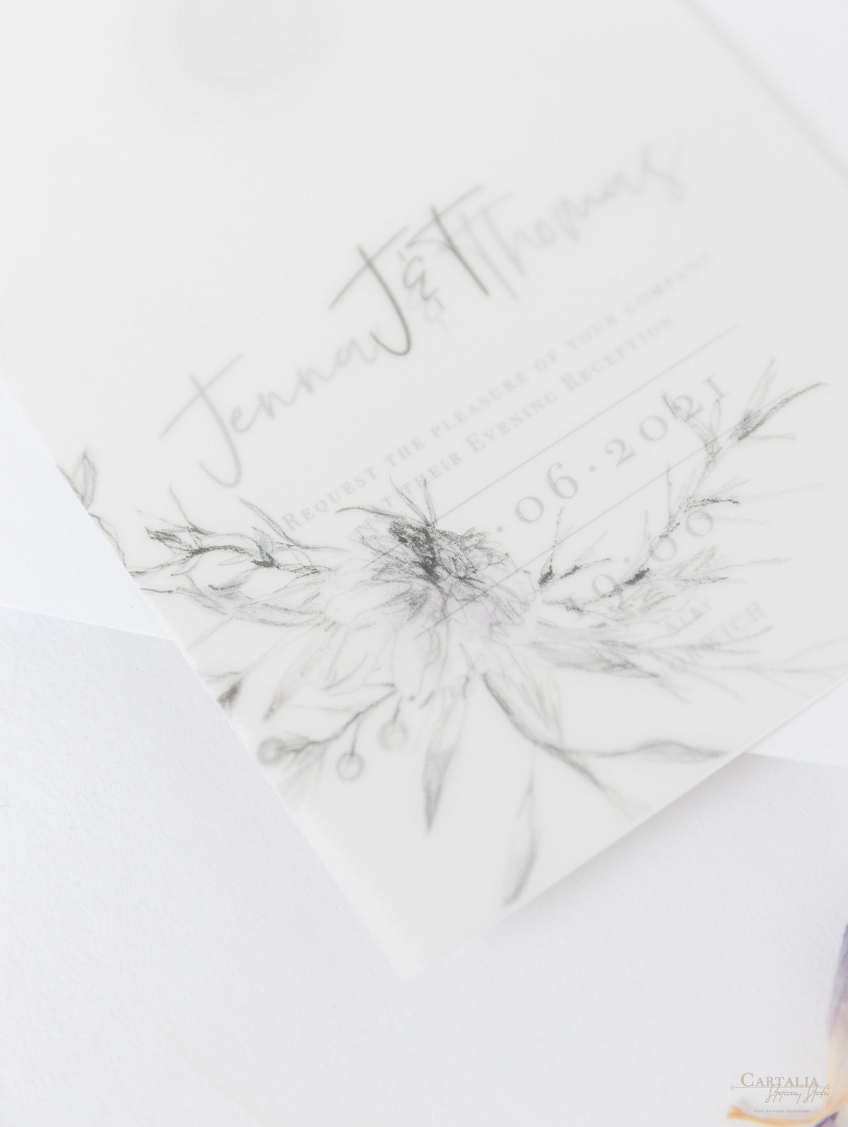 Vellum Suite Evening Reception Invitation & RSVP in Grey & Silver Boho Floral Design Silver Foil Mirror Plexi