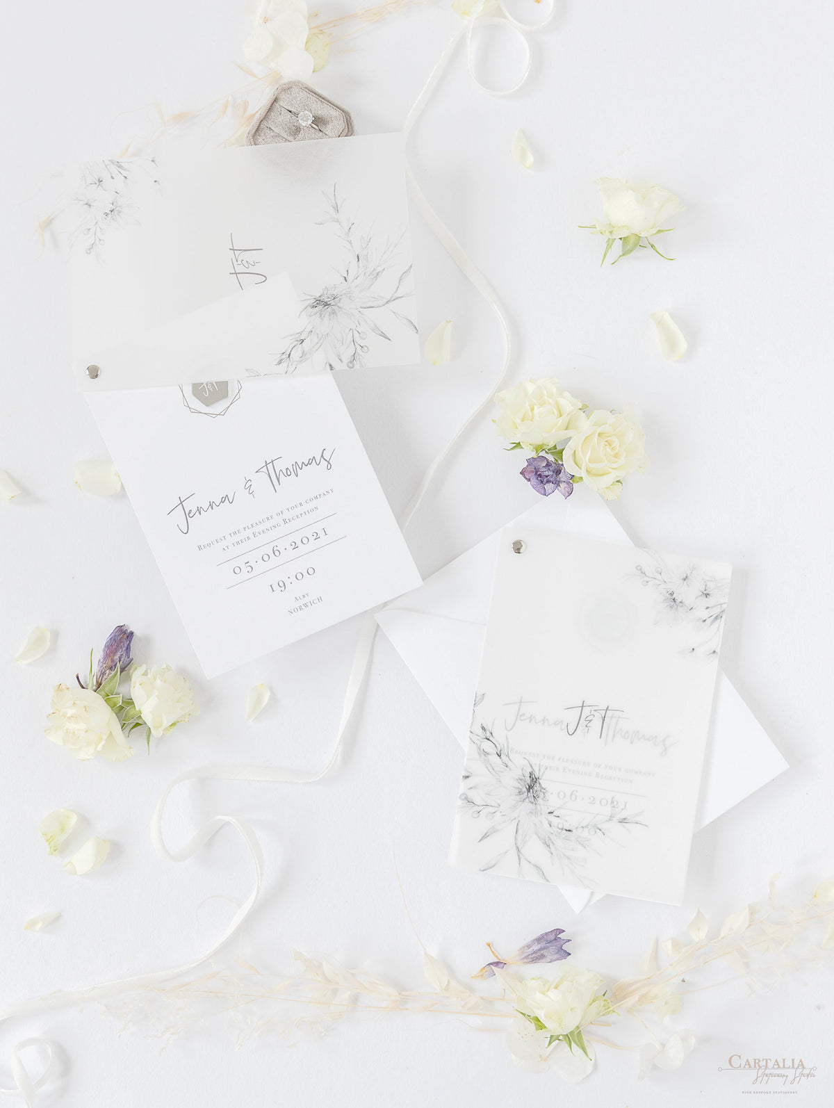 Vellum Suite Evening Reception Invitation & RSVP in Grey & Silver Boho Floral Design Silver Foil Mirror Plexi