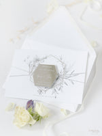 Silver Magnet Hexagon in Mirror Plexi Save the Date with Card and Silver String