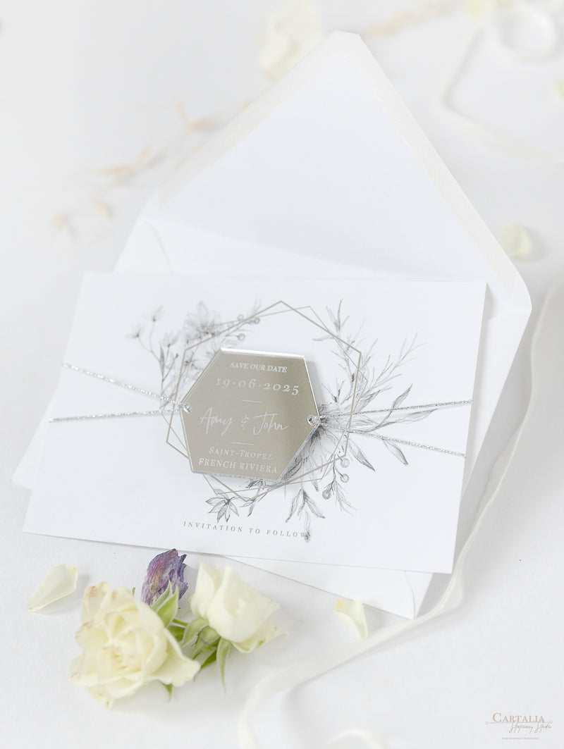 Silver Magnet Hexagon in Mirror Plexi Save the Date with Card and Silver String