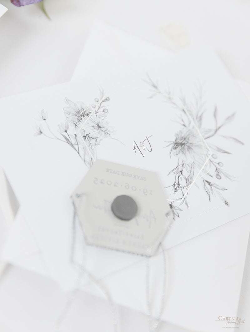 Silver Magnet Hexagon in Mirror Plexi Save the Date with Card and Silver String