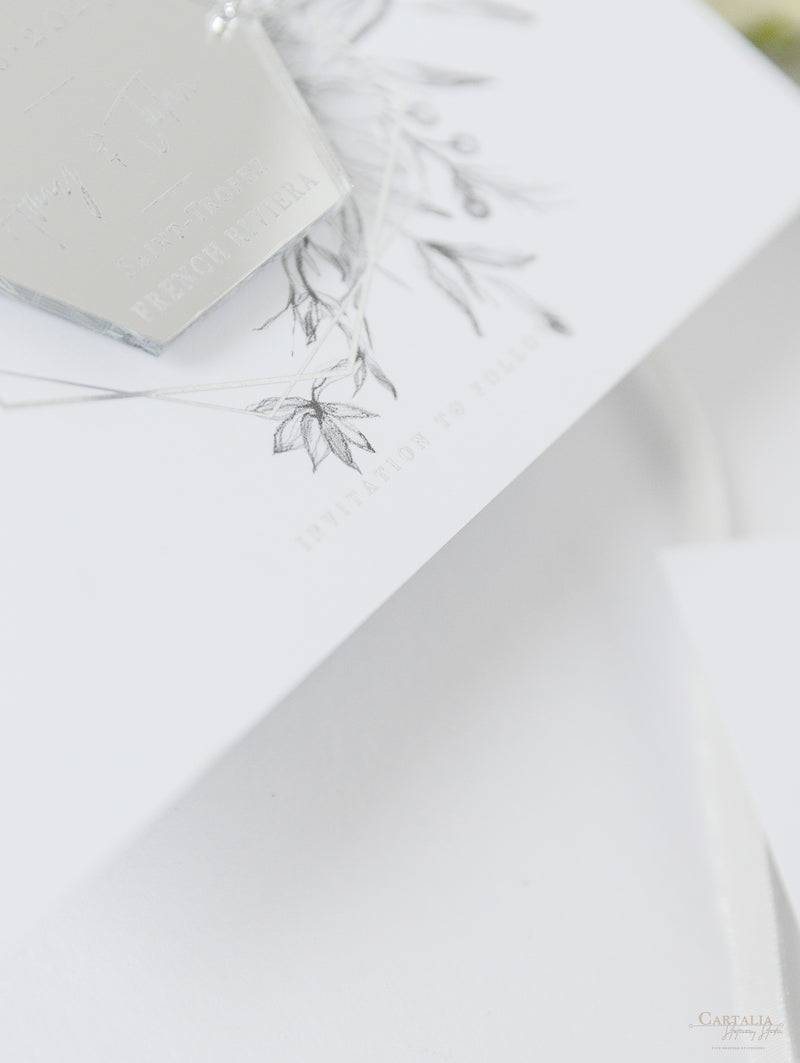 Silver Magnet Hexagon in Mirror Plexi Save the Date with Card and Silver String