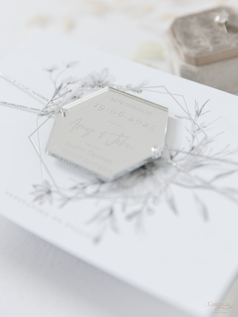 Silver Magnet Hexagon in Mirror Plexi Save the Date with Card and Silver String