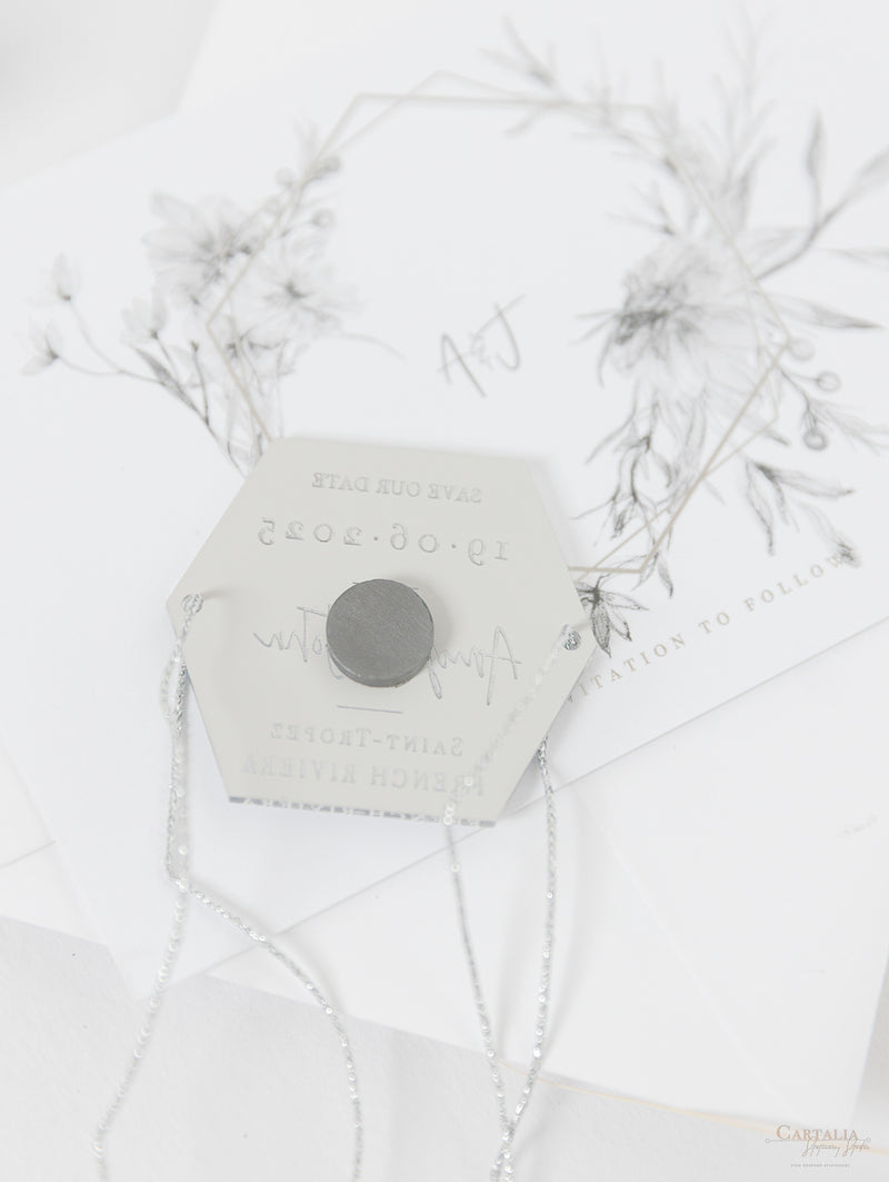 Silver Magnet Hexagon in Mirror Plexi Save the Date with Card and Silver String
