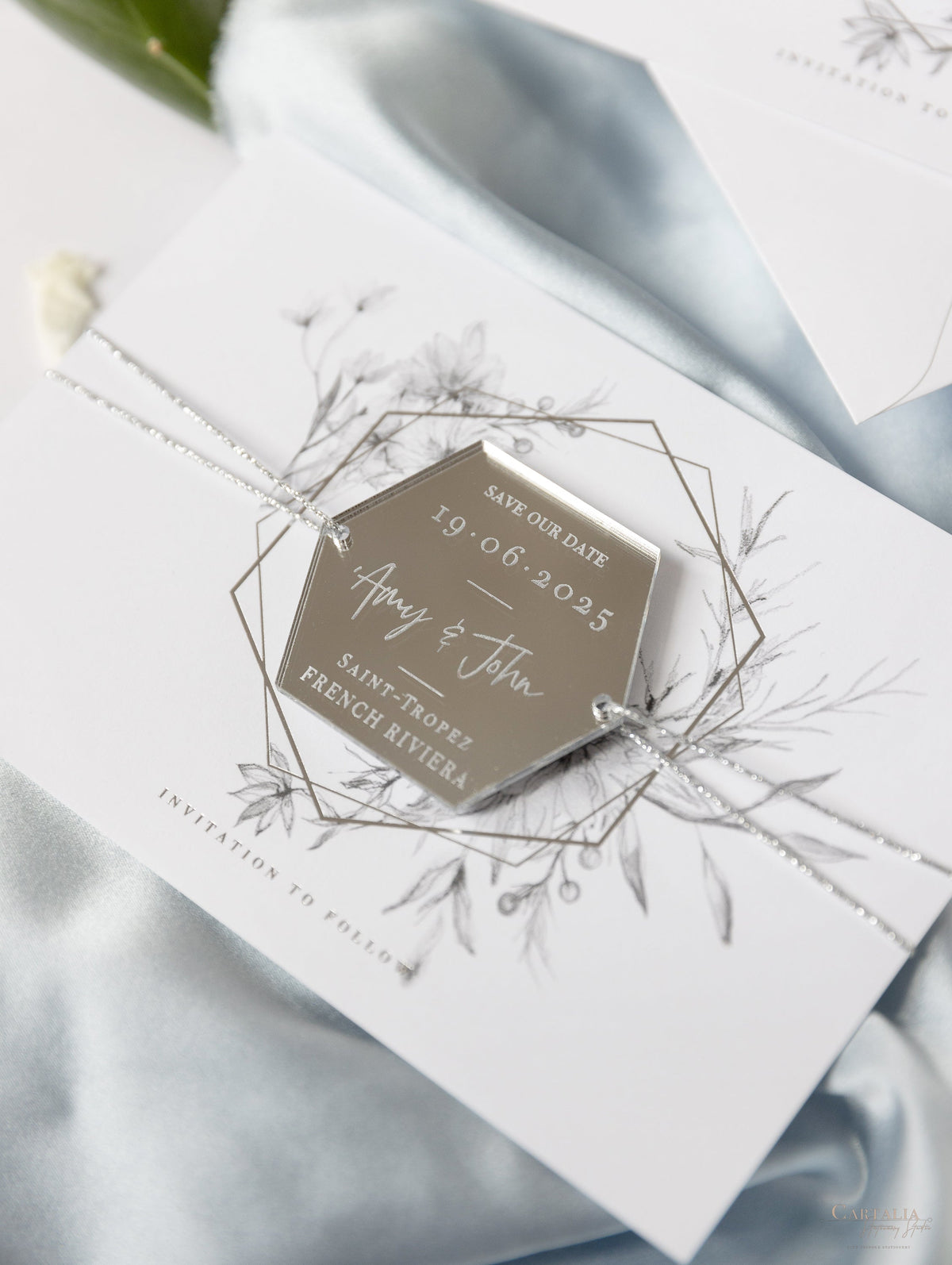 Acrylic Silver Mirror Save The Date Card with Floral Design & Real foil