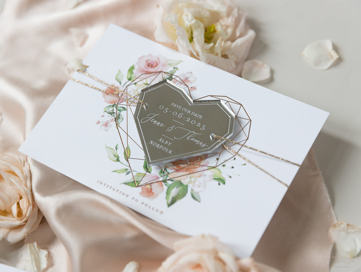 Silver Heart Shaped Mirror Magnet Engraved Save the Date Card with Real Foil