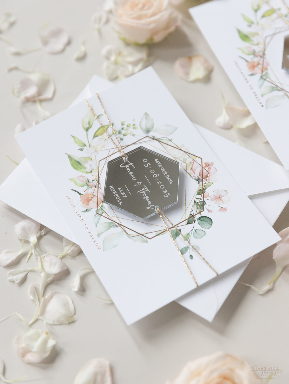 Acrylic Silver Mirror Save The Date Card with Floral Design & Real foil