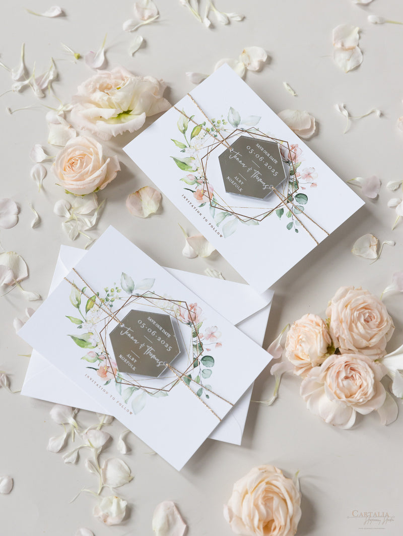 Acrylic Silver Mirror Save The Date Card with Floral Design & Real foil