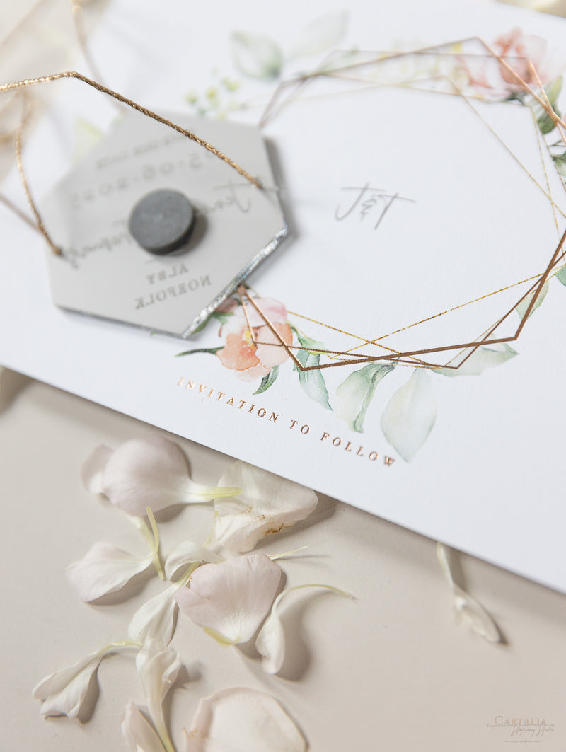 Acrylic Silver Mirror Save The Date Card with Floral Design & Real foil