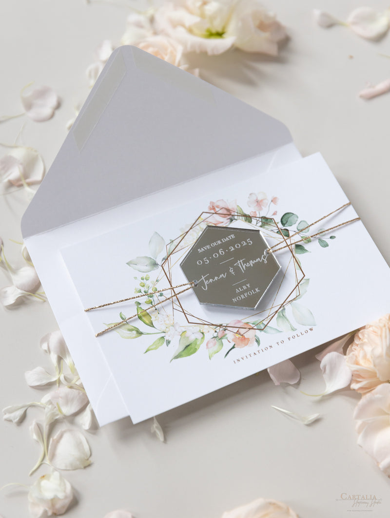 Acrylic Silver Mirror Save The Date Card with Floral Design & Real foil
