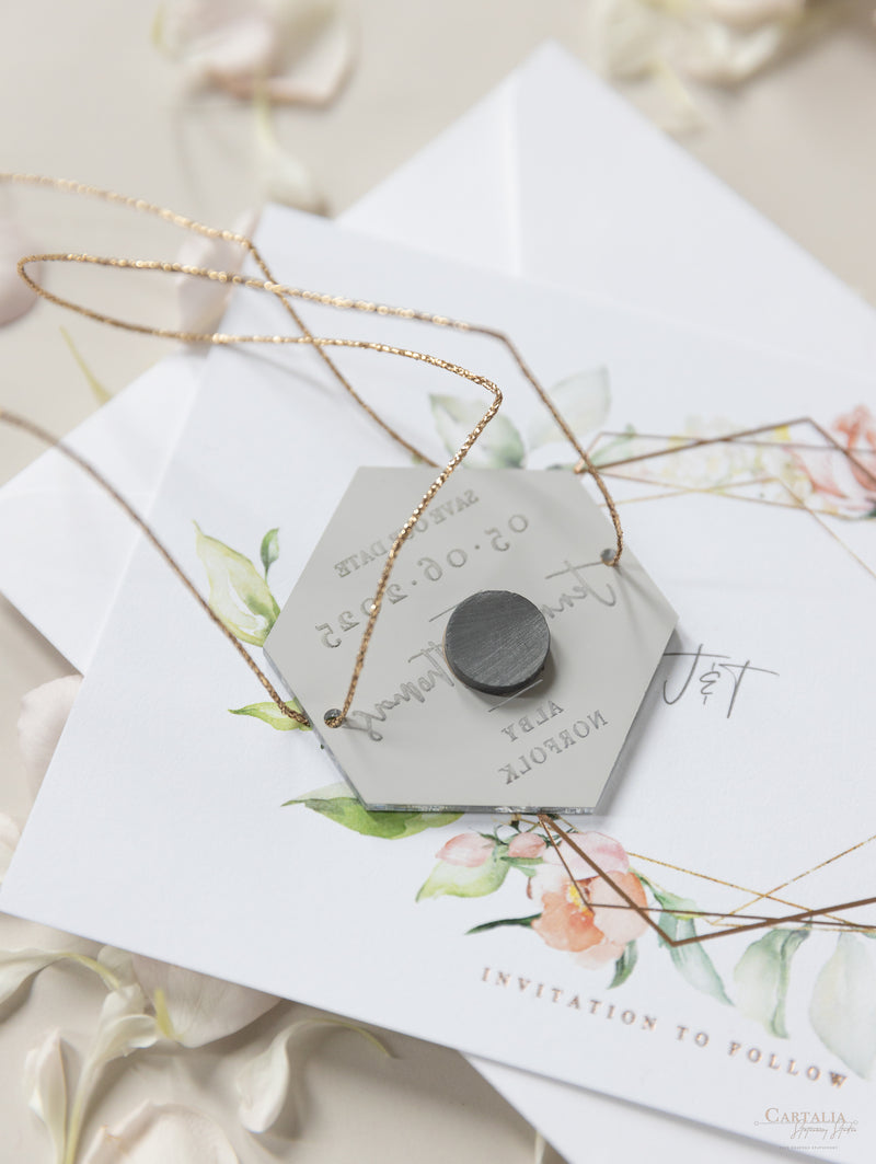 Acrylic Silver Mirror Save The Date Card with Floral Design & Real foil