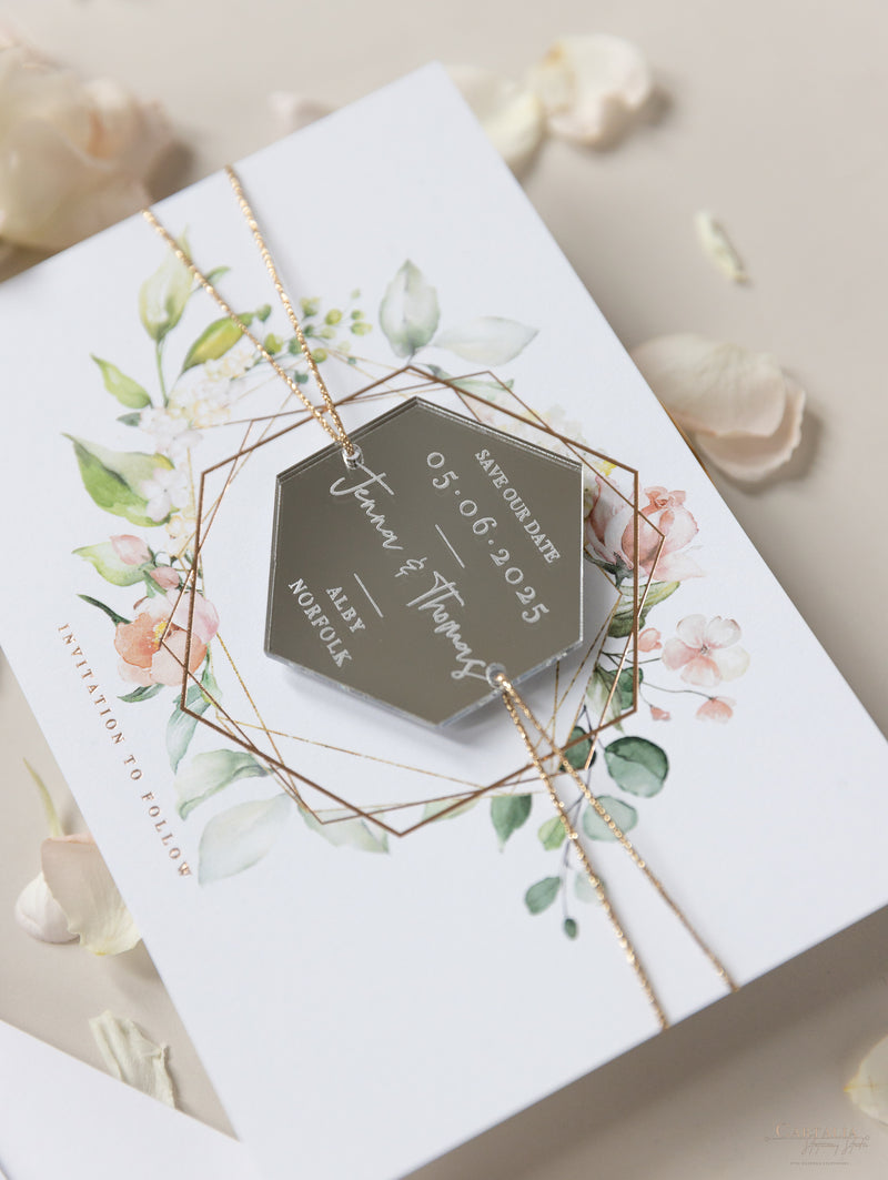 Acrylic Silver Mirror Save The Date Card with Floral Design & Real foil