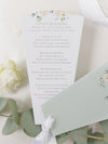 Abanico del programa de pétalos de boda de hortensias blancas, orden del día en verde salvia, orden de servicio