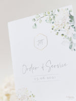 White Hydrangea Order of Service with Gold Foiled Hexagon