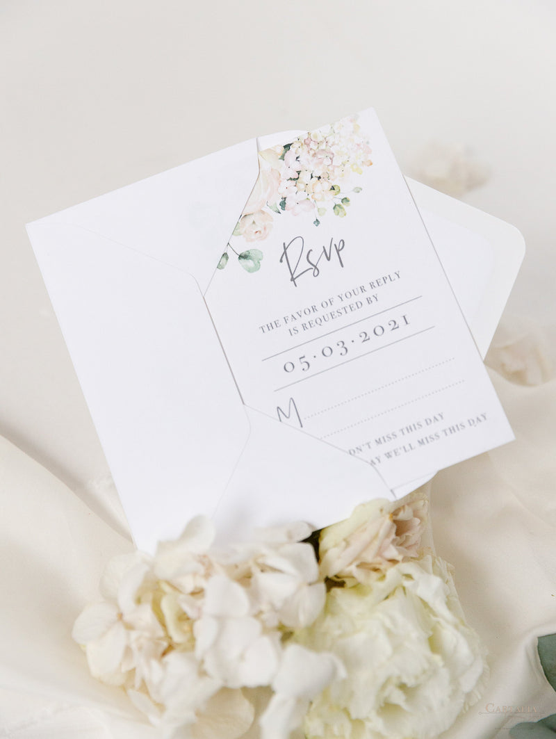 White Hydrangea RSVP Card with Matching Envelope