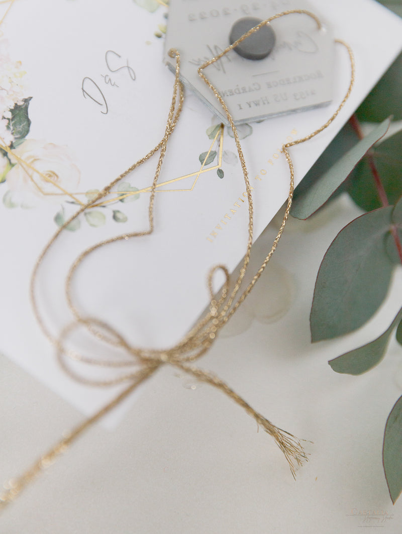 White Hydrangea Flowers and Greenery Silver Mirror Plexi in Hexagon Save the Date Magnet