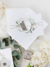 White Hydrangea Flowers and Greenery Silver Mirror Plexi in Hexagon Save the Date Magnet