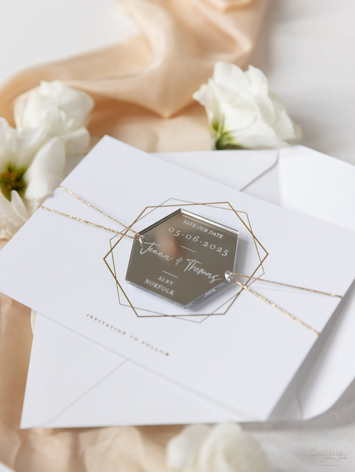 Hexagonal Mirror Magnet Personalised Engraving  Save the Date Card with Real Foil