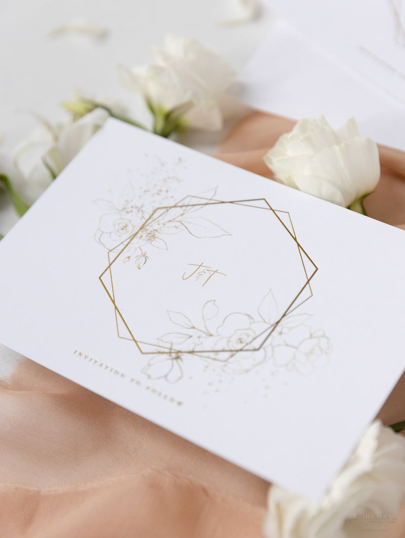 Mirror Plexi in Hexagon Save the Date Magnet with card and Gold String