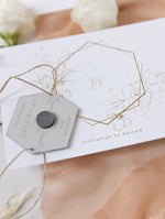 Mirror Plexi in Hexagon Save the Date Magnet with card and Gold String