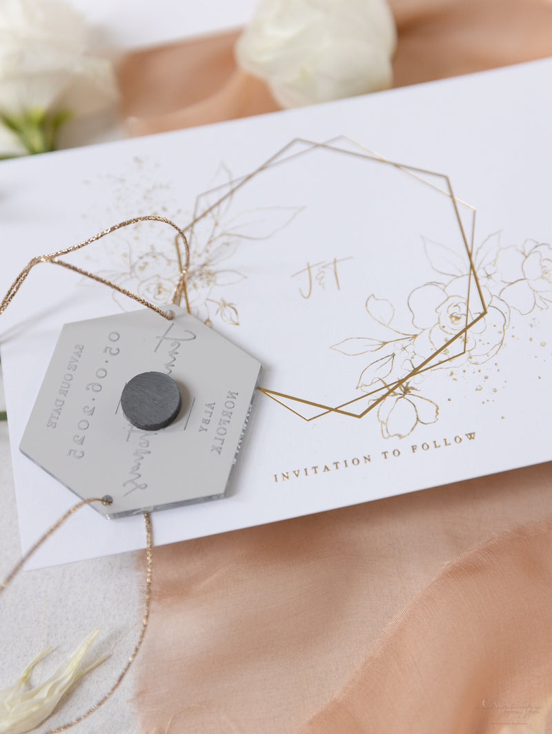 Mirror Plexi in Hexagon Save the Date Magnet with card and Gold String