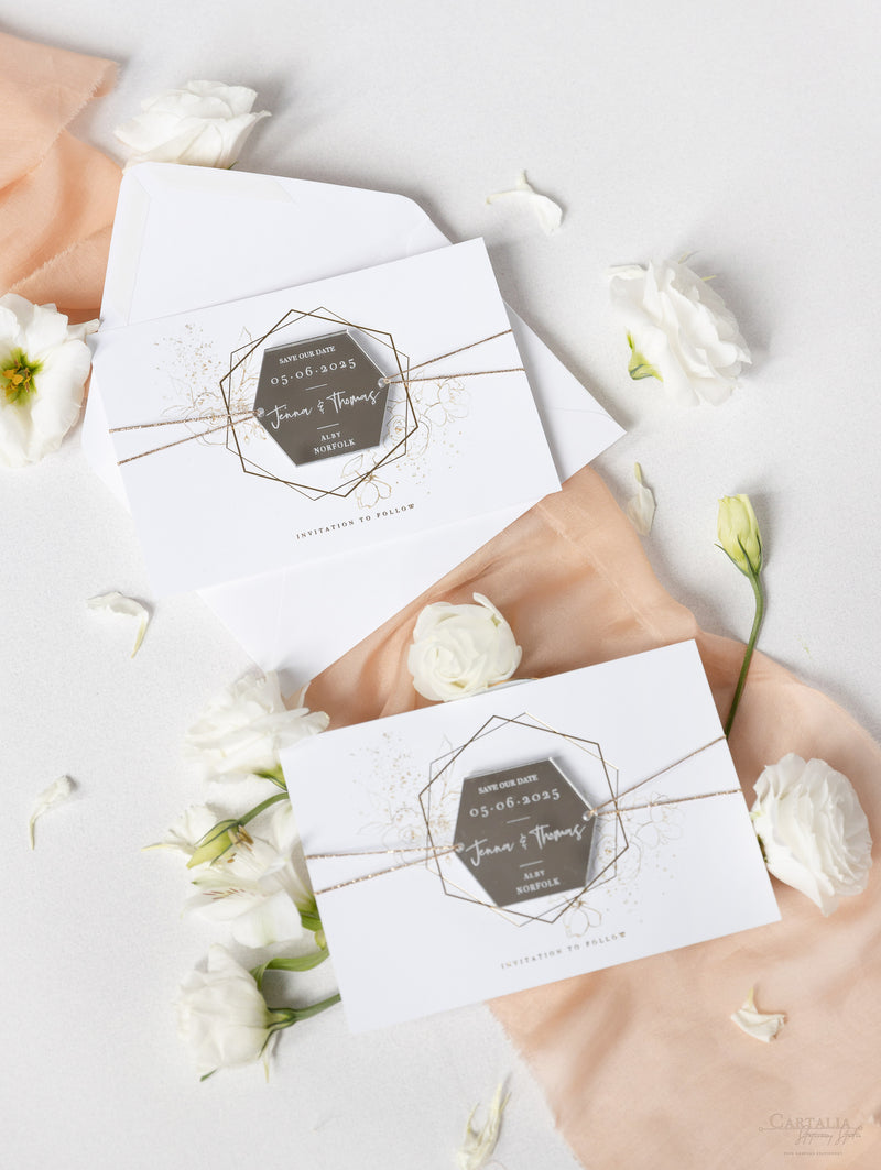 Mirror Plexi in Hexagon Save the Date Magnet with card and Gold String