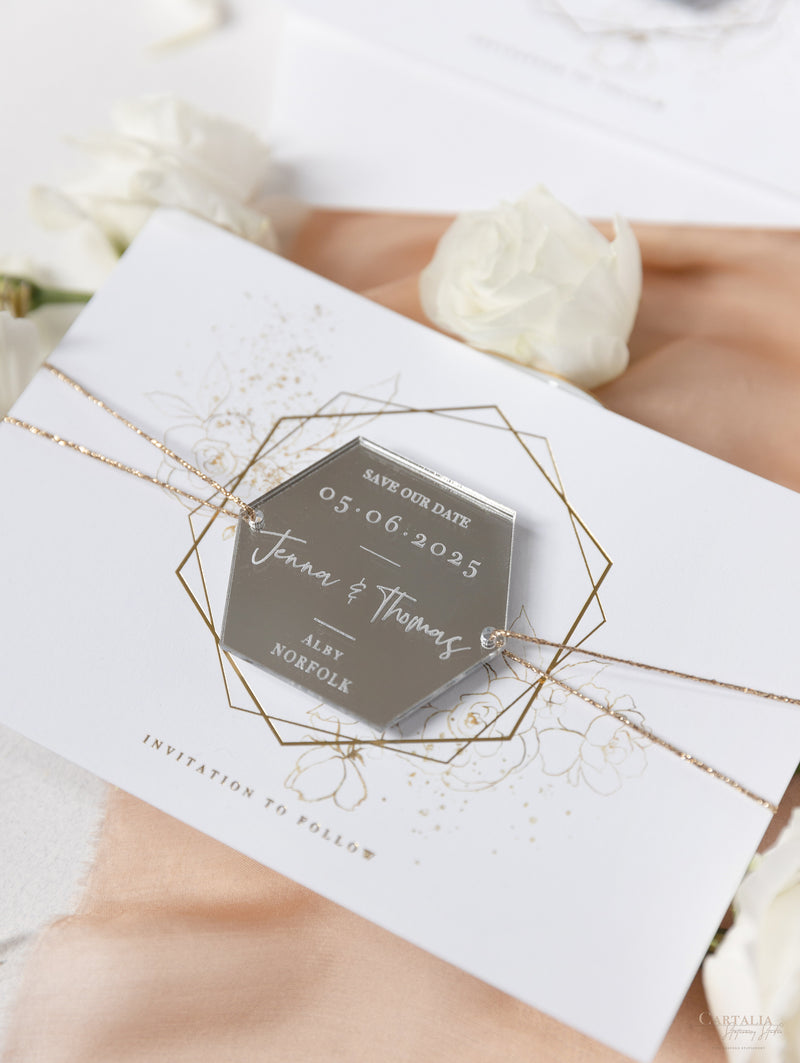 Mirror Plexi in Hexagon Save the Date Magnet with card and Gold String