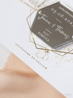 Mirror Plexi in Hexagon Save the Date Magnet with card and Gold String