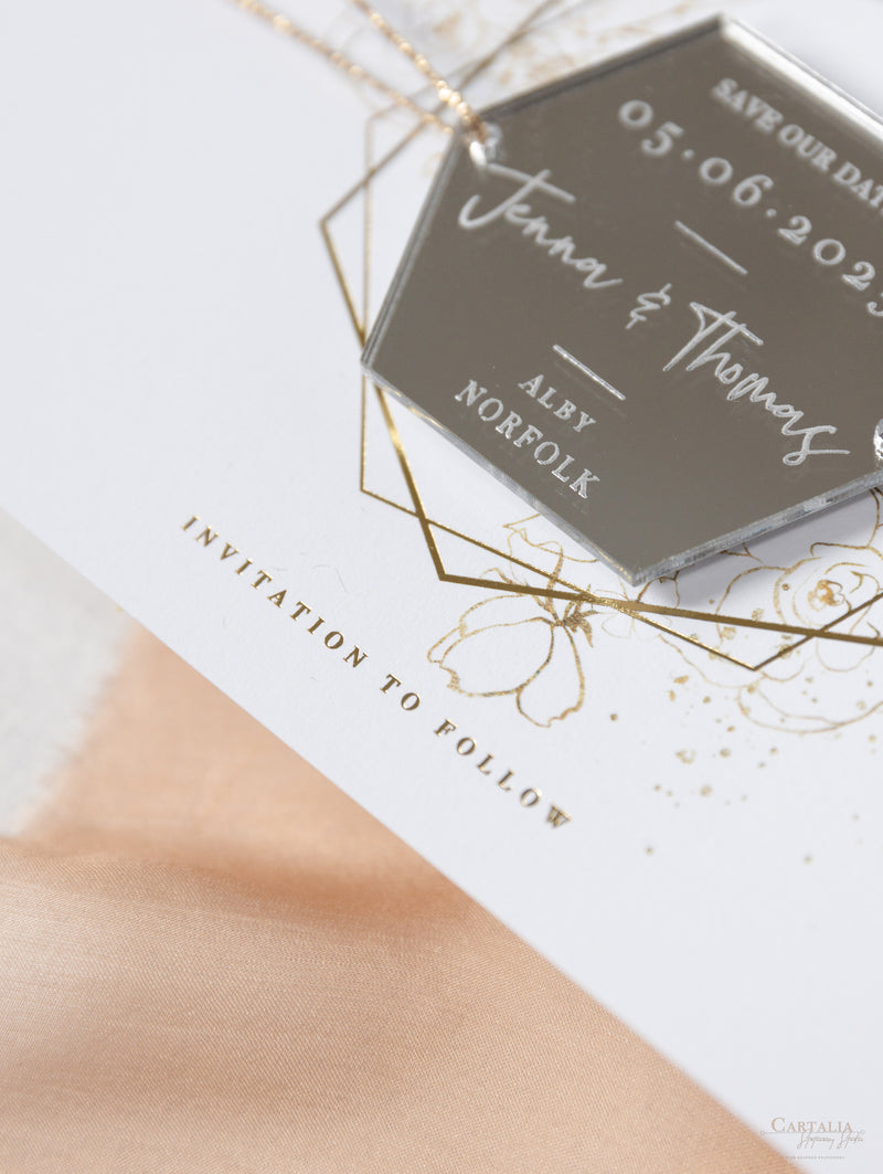 Mirror Plexi in Hexagon Save the Date Magnet with card and Gold String