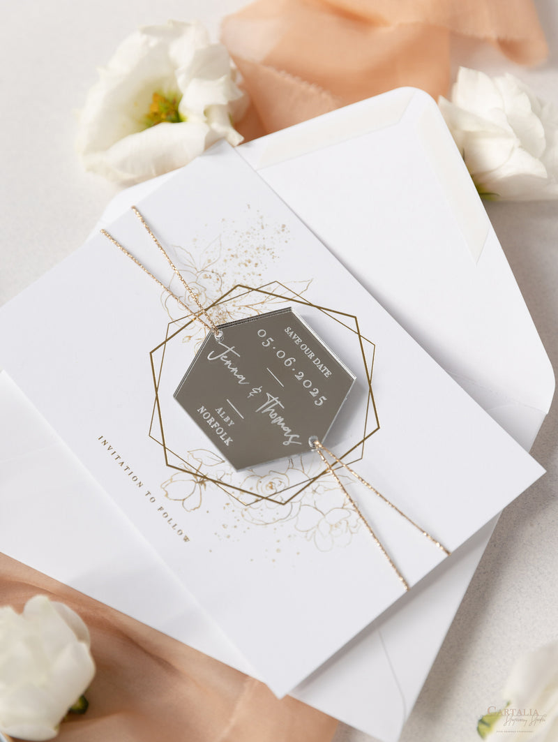 Mirror Plexi in Hexagon Save the Date Magnet with card and Gold String