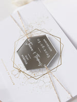 Mirror Plexi in Hexagon Save the Date Magnet with card and Gold String