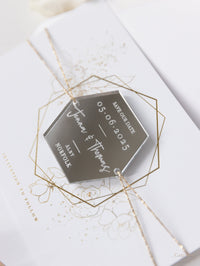 Acrylic Silver Mirror Save The Date Card with Floral Design & Real foil