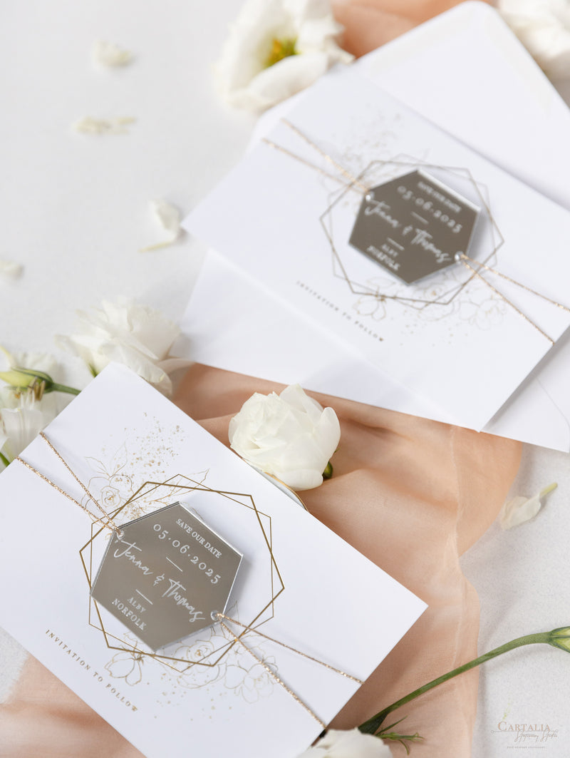 Mirror Plexi in Hexagon Save the Date Magnet with card and Gold String