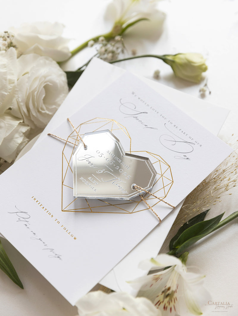 Geometric Heart Acrylic Mirror Magnet Engraved Save the Date Card with Real Foil