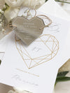 Imán de espejo acrílico con forma de corazón geométrico, tarjeta grabada para guardar la fecha con lámina auténtica