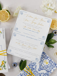 Pasaporte de boda de destino de lujo con limones y azulejos sicilianos, Italia