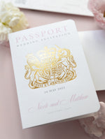 CARPETA de invitación para pasaporte de boda: Invitación para pasaporte con billetera y etiqueta de lujo en color rubor y dorado