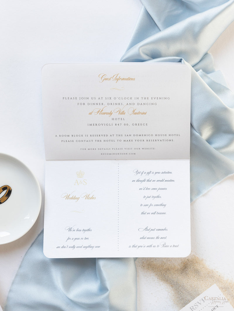 Santorini Greece Invite  - Luxury Engraved Plane in Gold Plexi Passport Wedding Invitation with Real Gold Foil