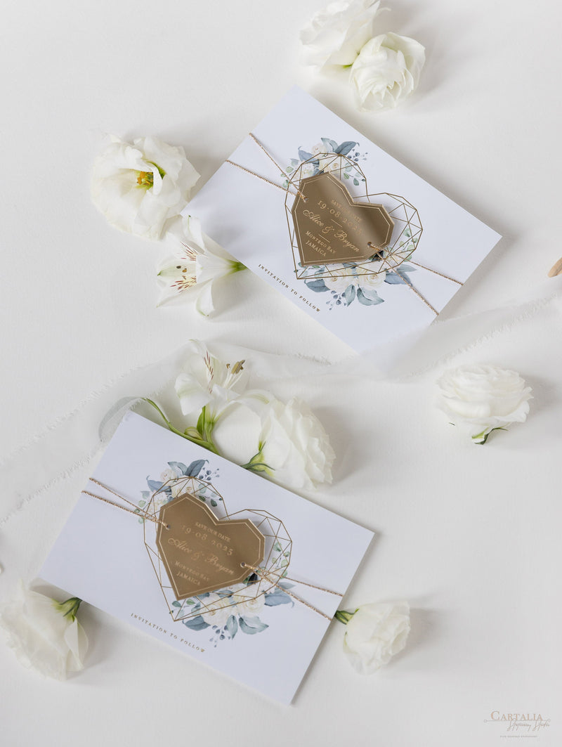 Steel Blue Floral Save the Date with Gold Mirror Geometric Heart Plexi Hexagon Magnet