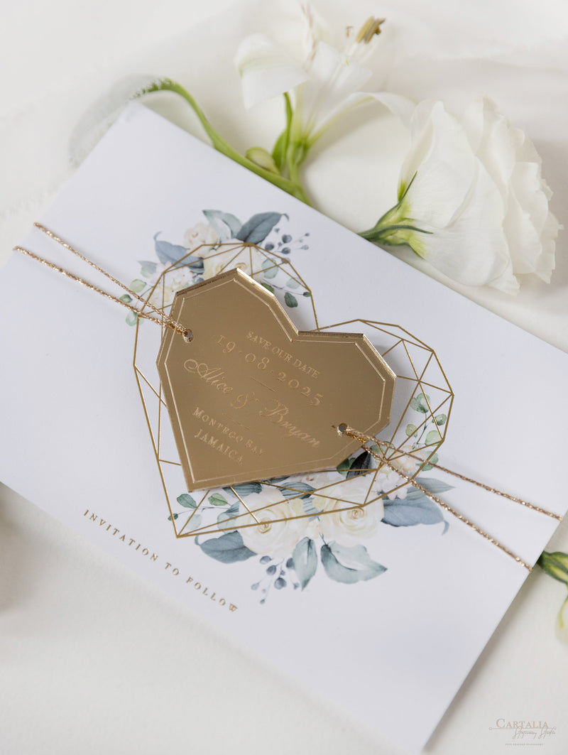 Steel Blue Floral Save the Date with Gold Mirror Geometric Heart Plexi Hexagon Magnet
