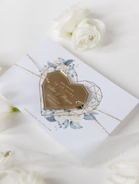 Steel Blue Floral Save the Date with Gold Mirror Geometric Heart Plexi Hexagon Magnet