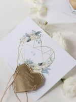 Steel Blue Floral Save the Date with Gold Mirror Geometric Heart Plexi Hexagon Magnet
