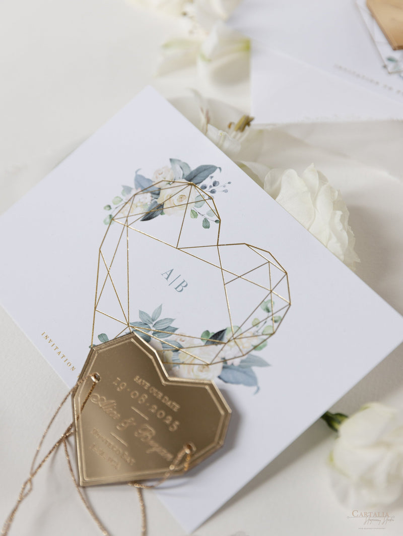 Steel Blue Floral Save the Date with Gold Mirror Geometric Heart Plexi Hexagon Magnet