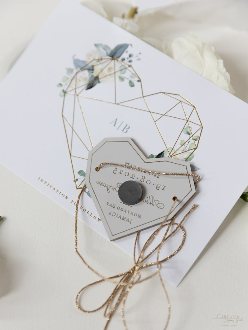 Steel Blue Floral Save the Date with Gold Mirror Geometric Heart Plexi Hexagon Magnet