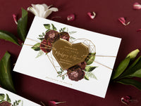 Deep Red Peonies Save the Date with Plexi Mirror Geometric Heart Acrylic Magnet