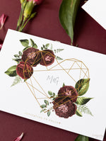 Deep Red Peonies Save the Date with Plexi Mirror Geometric Heart Acrylic Magnet