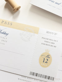 Invitación de boda con pasaporte de brújula internacional, tarjeta de embarque de lámina auténtica, invitación y revestimiento de mapa mundial