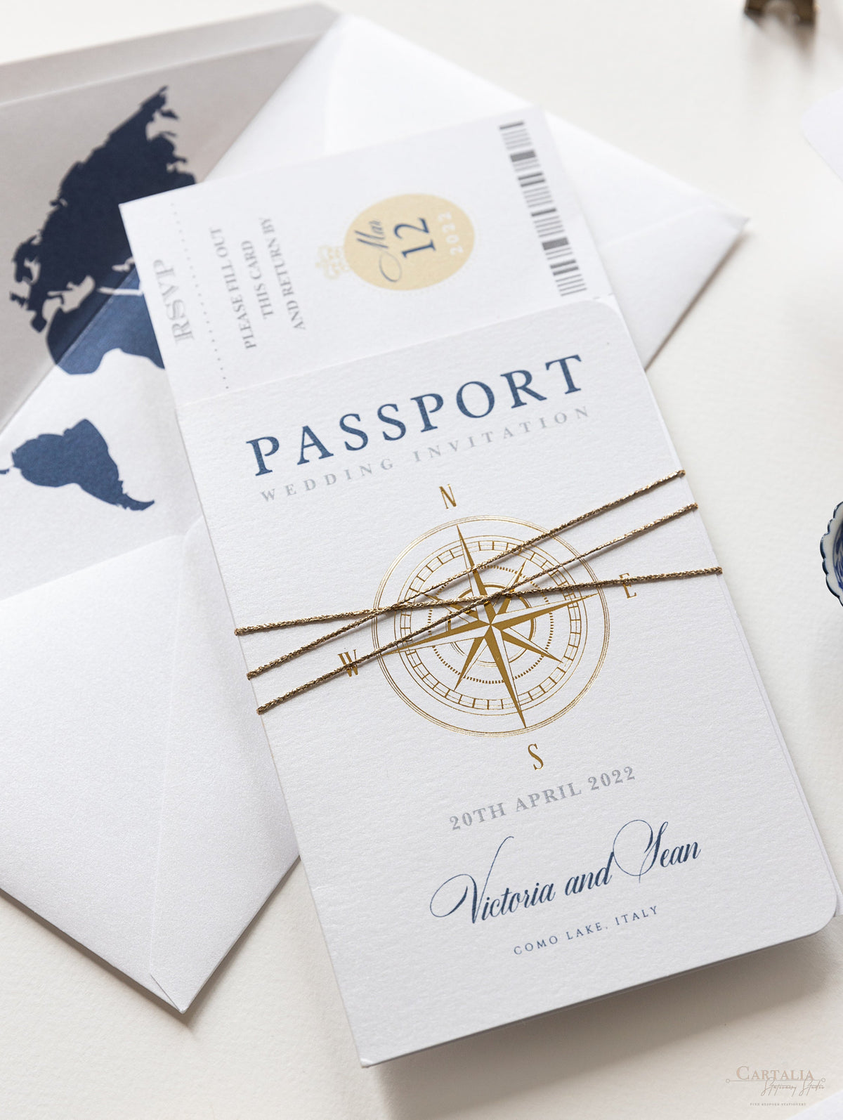 International Compass Passport Wedding Invitation Real Foil Boarding Pass Invite & World Map Liner