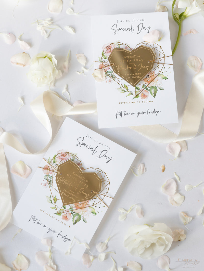 Blush Pink & Gold Geometric Heart Acrylic Mirror Magnet Save the Date Card
