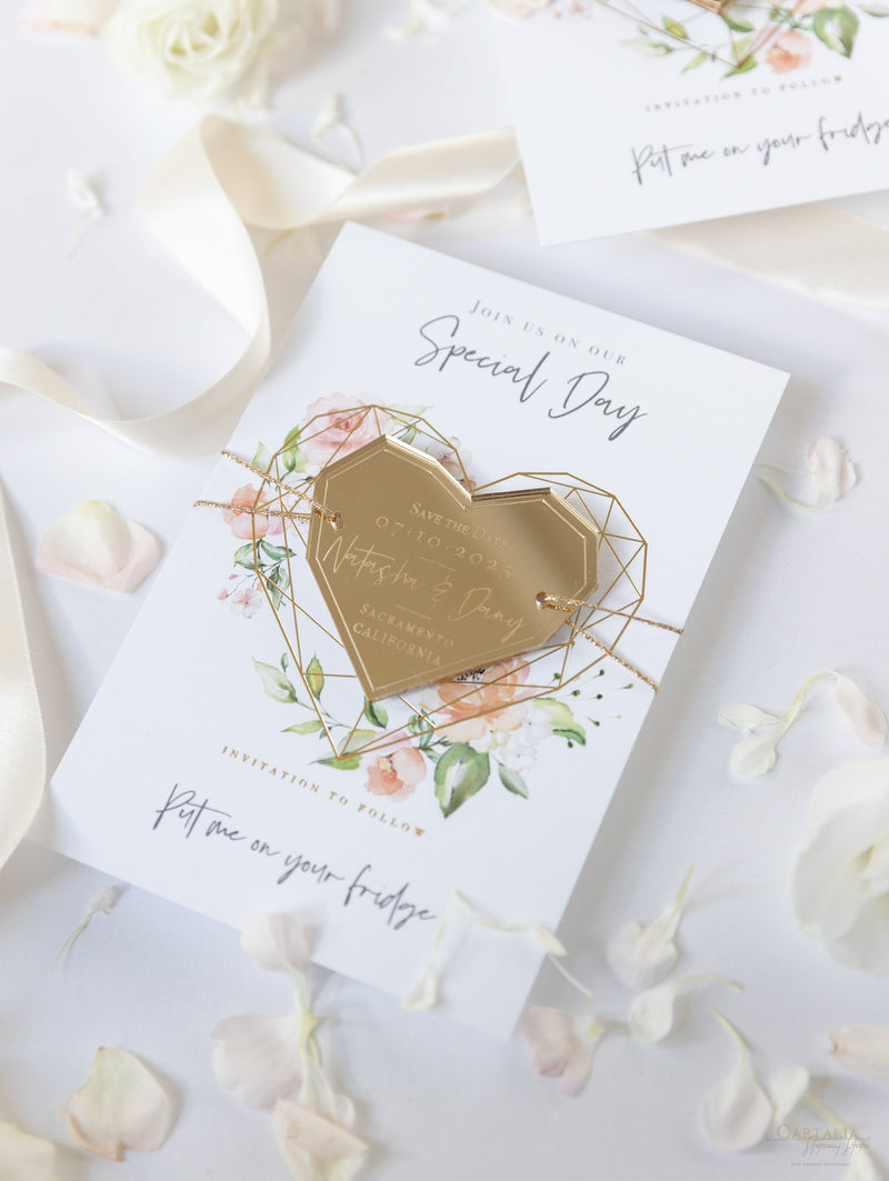 Blush Pink & Gold Geometric Heart Acrylic Mirror Magnet Save the Date Card